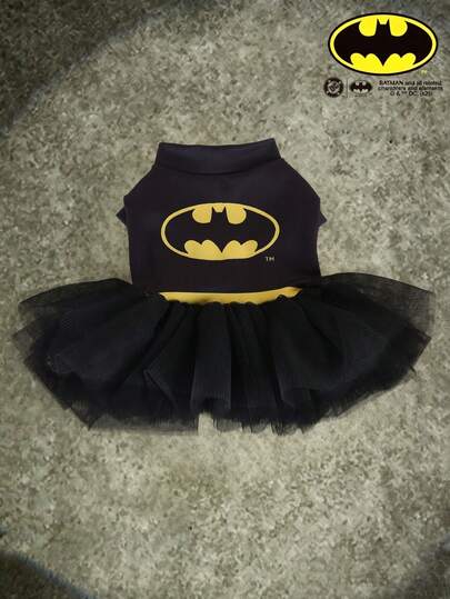 Batman X PETSIN 1pc Superhero Style Black Mesh Princess Dress For Cats And Dogs, Spring/Summer Thin, Great For Indoor Dress-Up Play Or Outdoor Ween Costume Walks