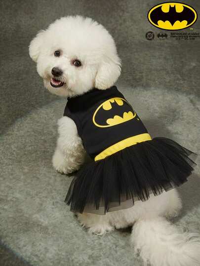 Batman X PETSIN 1pc Superhero Style Black Mesh Princess Dress For Cats And Dogs, Spring/Summer Thin, Great For Indoor Dress-Up Play Or Outdoor Ween Costume Walks