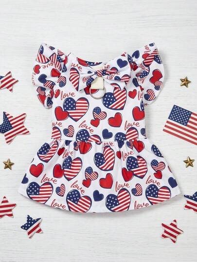 PETSIN Independence Day Flag, Love Letter Print, Small Flying Sleeves, Pet Cat And Dog Dress, Detachable Bow, D-Buckle, Traction Ring, Pet Universal Dress