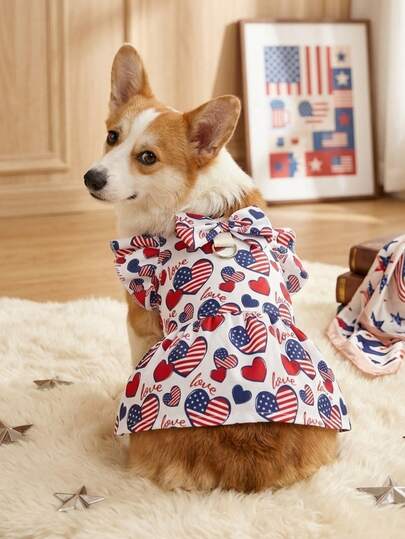 PETSIN Independence Day Flag, Love Letter Print, Small Flying Sleeves, Pet Cat And Dog Dress, Detachable Bow, D-Buckle, Traction Ring, Pet Universal Dress