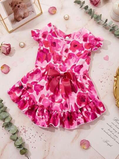 Floral Print Bow Decor Pet Dress - Great for the Summer