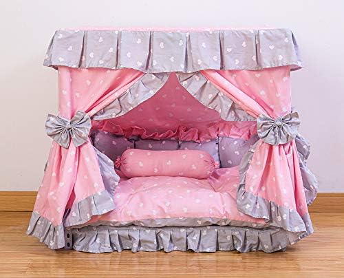 Princess Pink Grey White Heart Pet Dog Handmade Bed House+1 Candy Pillow (S)