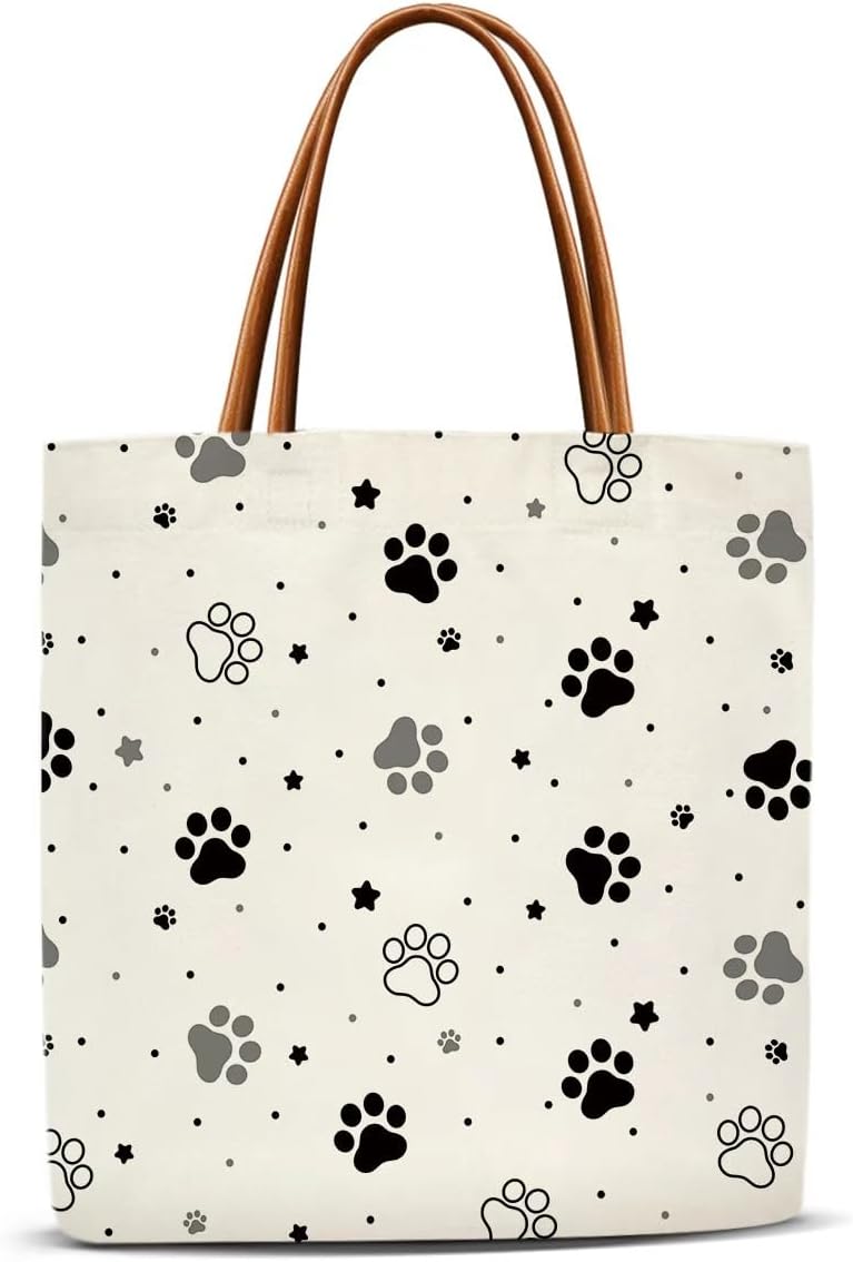 Pet Paw Canvas Tote Bag for Women, Dog Cat Aesthetics Tote Bag, Dog Cat Mom Gifts for Women Pet Owner Reusable Christmas Gifts Beach Bags -07