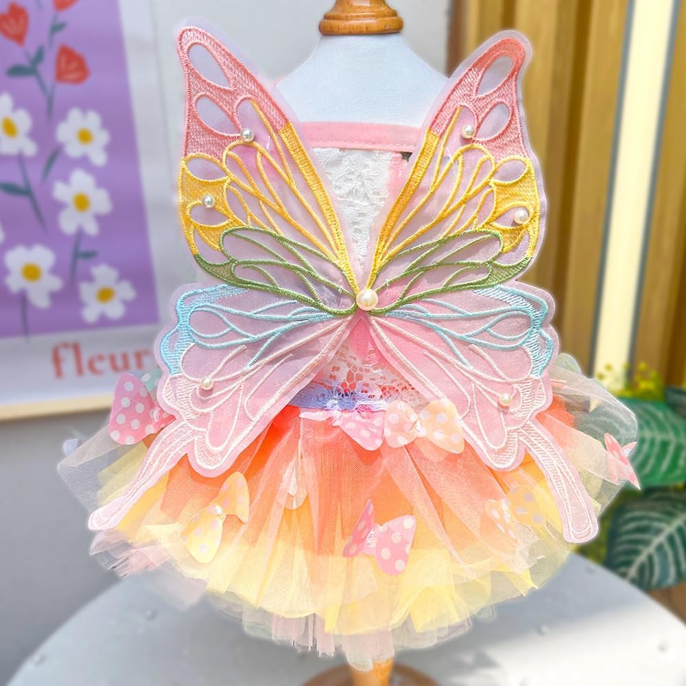 Dog Princess Dress,Summer Thin Cat Rainbow Butterfly Pettiskirt Cute Pet Clothes Chihuahua Teddy Dress Pet Supplies