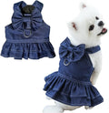 Denim Dog Dresses for Small Dogs Puppy Girl Clothes with Leash Ring and Cute Bow Knot Summer Cat Apparel with D-Ring Blue Girl Dog Clothes (Dark Blue, X-Small)
