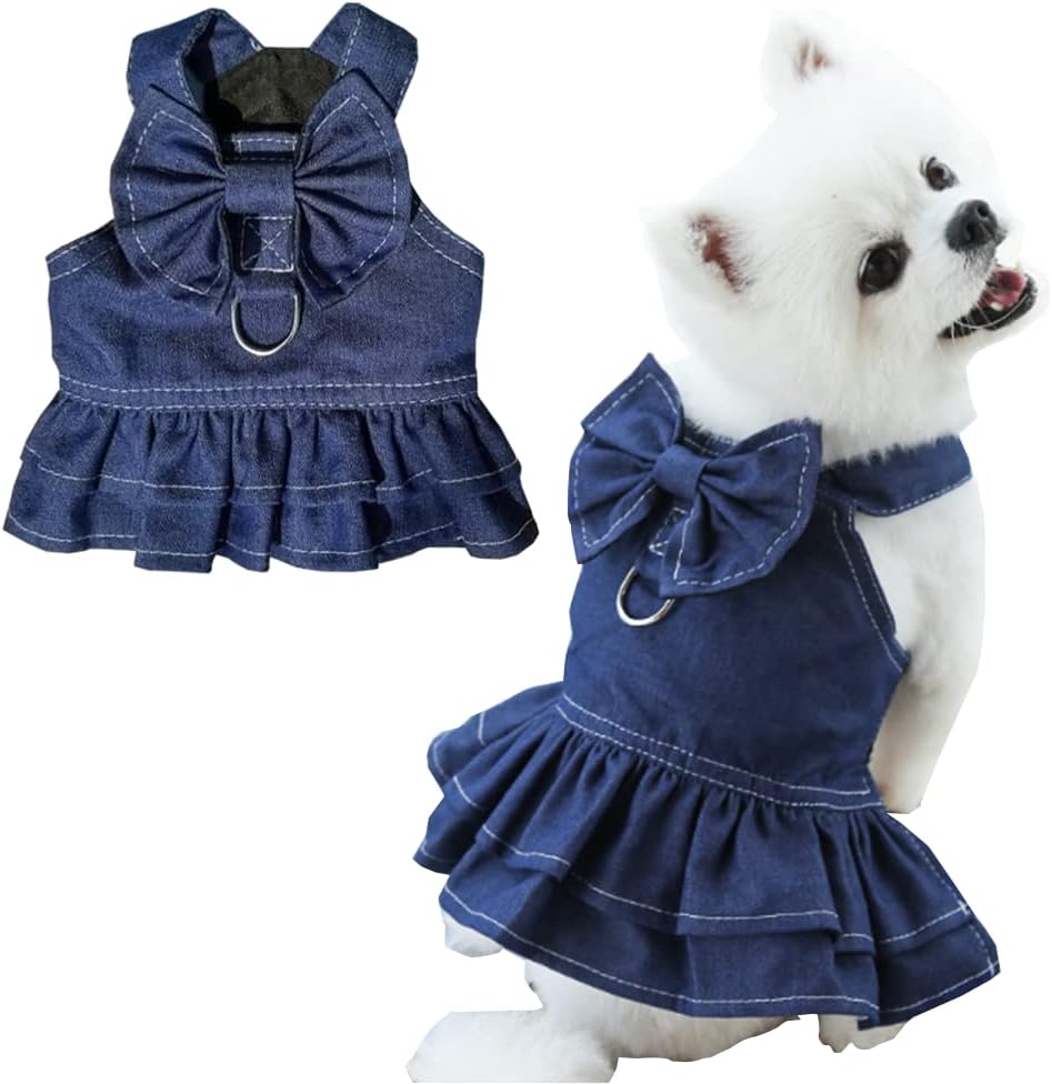 Denim Dog Dresses for Small Dogs Puppy Girl Clothes with Leash Ring and Cute Bow Knot Summer Cat Apparel with D-Ring Blue Girl Dog Clothes (Dark Blue, X-Small)