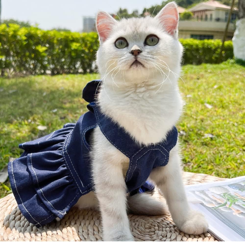 Denim Dog Dresses for Small Dogs Puppy Girl Clothes with Leash Ring and Cute Bow Knot Summer Cat Apparel with D-Ring Blue Girl Dog Clothes (Dark Blue, X-Small)