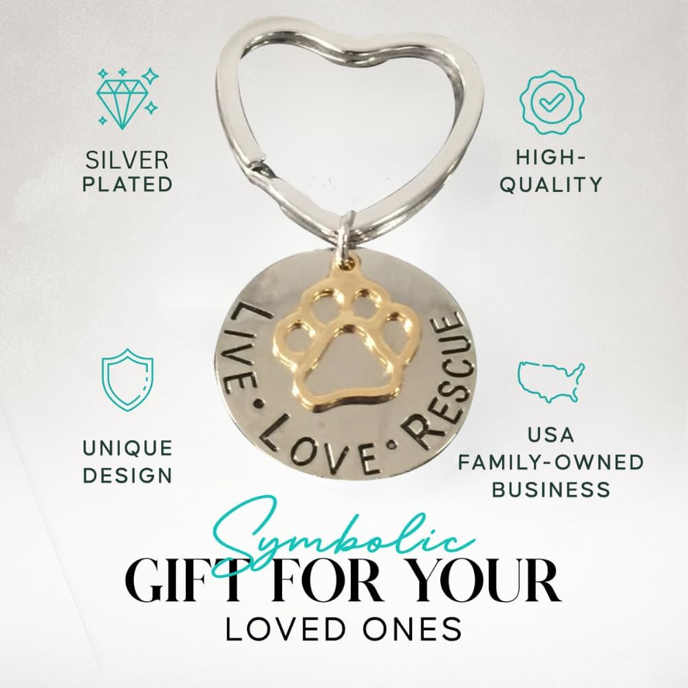 Infinity Collection Pet Rescue Keychain, Engraved Live, Love, Rescue Charm with Paw Print, Two-Tone Silver & Gold Accessories, Gifts for Dog & Cat Lovers