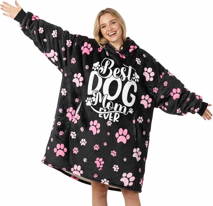 Dog Mom Gifts for Women, Wearable Flannel Blanket Hoodie for Dog Lover, Oversized Hooded Sweatshirt for Adults, One Size