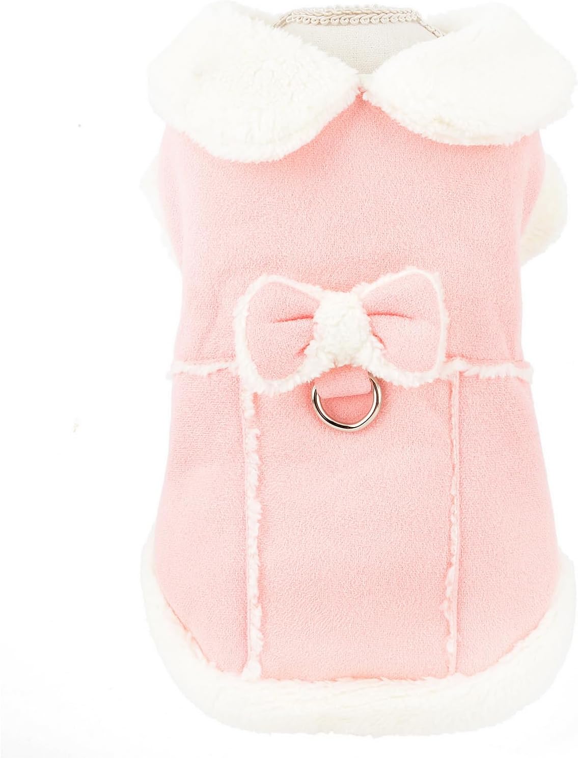 SMALLLEE_LUCKY_STORE Fleece Dog Coat for Small Dog Pet Harness Jacket with Bow and D-Ring, Soft Vest Fall Winter Clothes with Fuzzy Collar Chihuahua Yorkie Cat