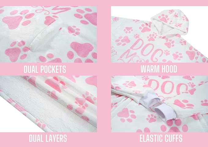 Dog Mom Gifts for Women, Wearable Flannel Blanket Hoodie for Dog Lover, Oversized Hooded Sweatshirt for Adults, One Size