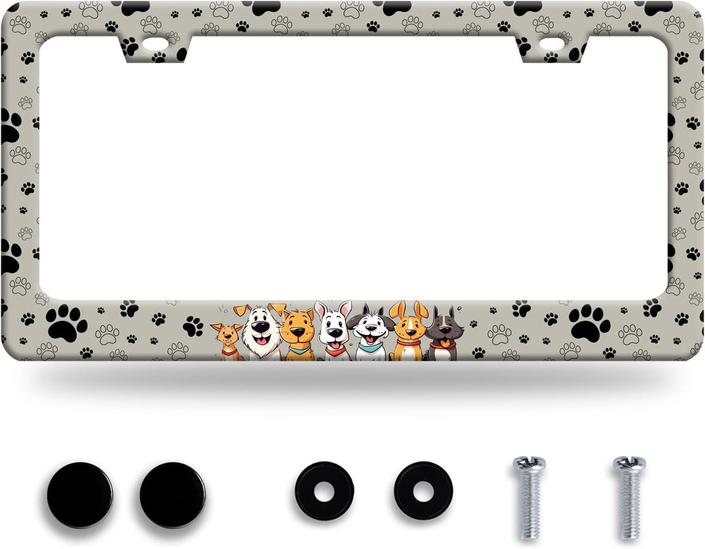 Personalise Dog License Plate Frame Paw Prints License Plate Frames Car Universal Stainless Steel Accessories Cars Decor with 2 Holes and Screws Fits Standard Us Vehicles Size 12.2 X 6 Inches