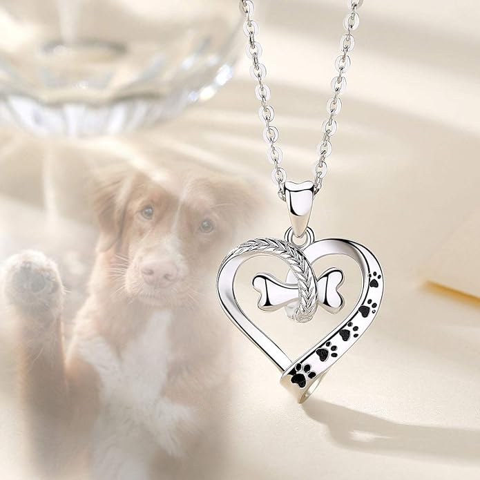 EUDORA 925 Sterling Silver Necklace Cute Dog Paws with Bone, Heart Shape Pendant 18", Gift for Dog Owner
