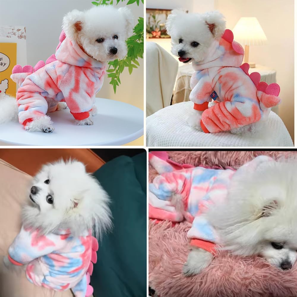 Dinosaur Dog Clothes for Small Dog Girl Boy, Fleece Winter Puppy Hoodies with Leash Ring, Cold Weather Coat for Cat, Funny Dinosaur Costume for Christmas Halloween.