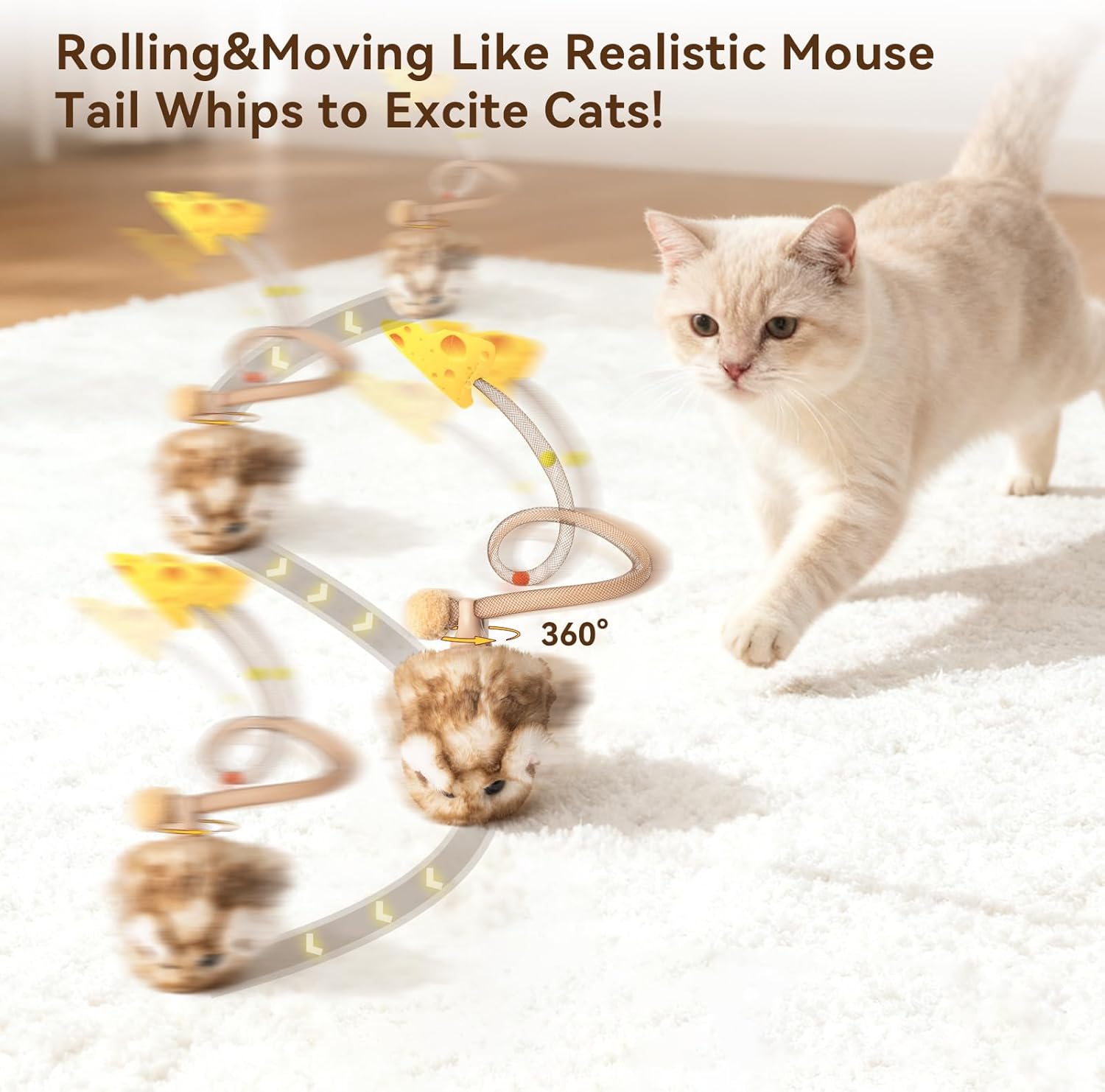 Migipaws Interactive MigiMouse Cat Toy 360° Rolling & Spin with Wiggling Tail for Indoor Cats Smart Motion Sensor, Realistic Squeak, Rechargeable Plush Kitten Toy(Brown Long)