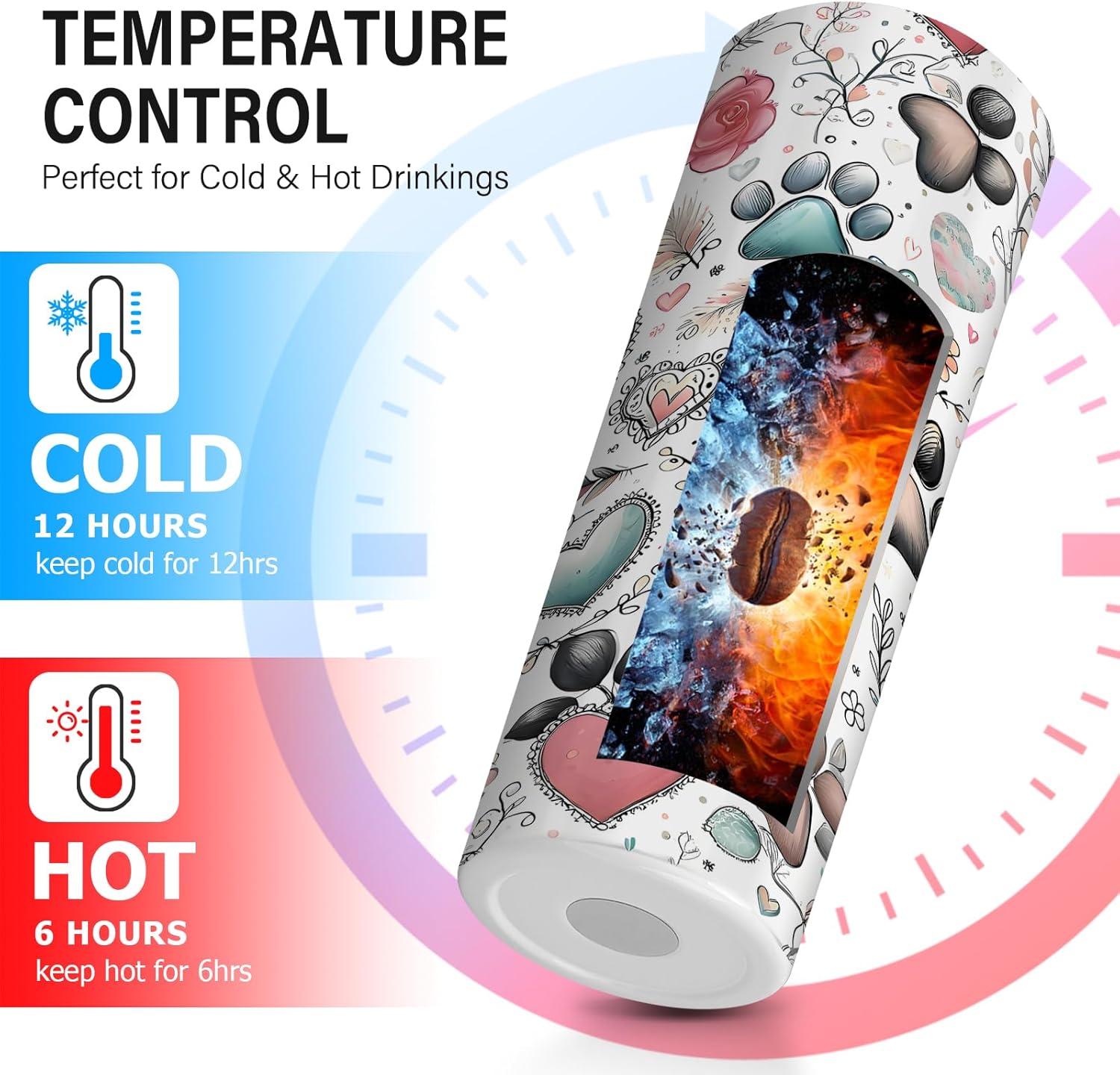 Boho Dog Paw Skinny Tumbler, 20oz Floral Heart Coffee Cup for Pet Owners, Insulated Stainless Steel Travel Mug, Cute Tumbler Gift for Dog Lovers & Friends