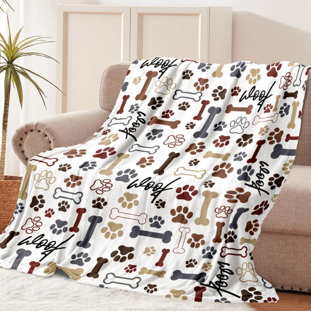 Tupmnbry Dog Throw Blanket Dog Paw Bones Print Blanket Super Soft Flannel Fleece Blanket Lightweight Fluffy Plush Bed Blankets for Bedding Sofa and Travel 50"X60"