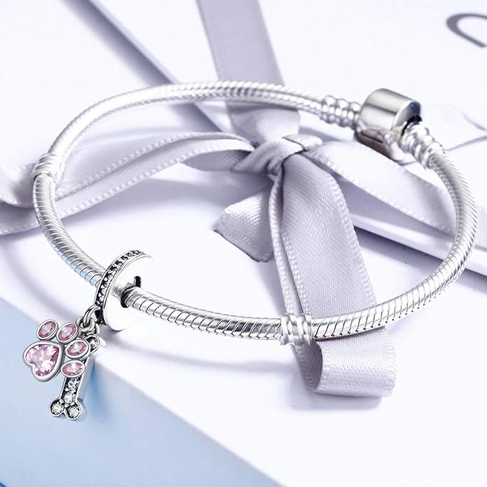 Dog Paw Charm for Charms Bracelet Pink Crystals Paved Dangle Charms Birthday Jewelry Gifts for women