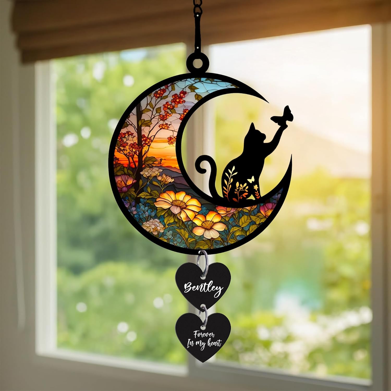 NAZENTI Personalized Cat Memorial Suncatcher, Loss of Pets Hanging Ornament, Custom Cats Remembrance Gifts, Sympathy Gift, Bereavement Gifts Cats, Cat Wind Chimes Memorial, Pet Owner