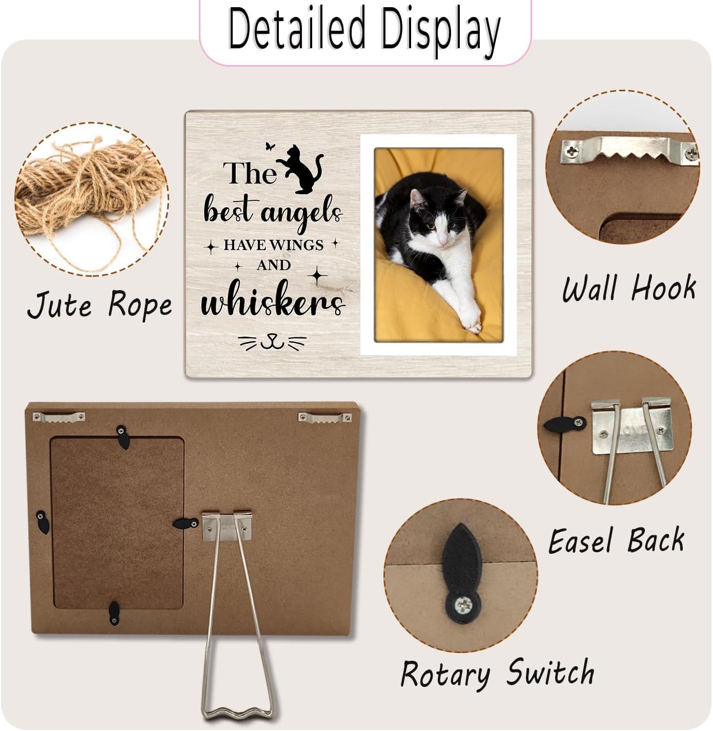 Cat Picture Frame, Cat Memorial Wooden Photo Frame, Pet Remembrance Gift, Sympathy Gift for Pet Owner, Cat Memorial Gifts for Loss of Cat, The Best Angels Have Wings and Whiskers (Beige, 4 x 6 Photo)