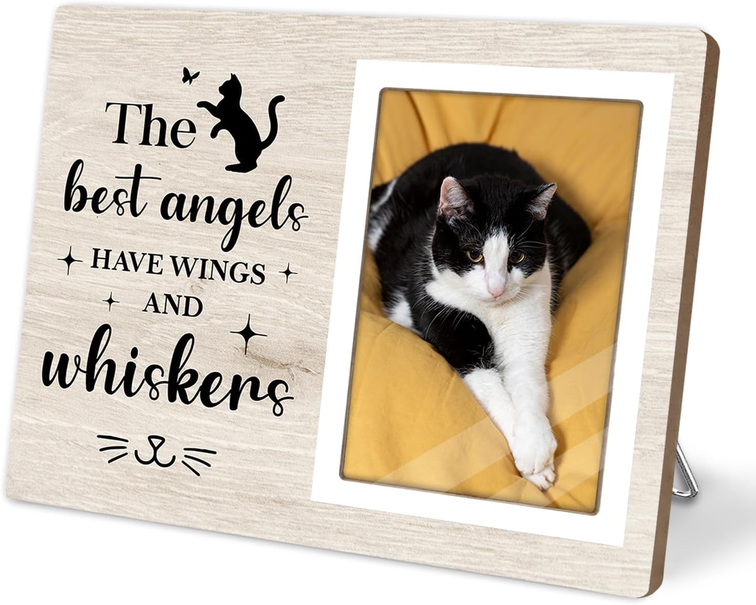 Cat Picture Frame, Cat Memorial Wooden Photo Frame, Pet Remembrance Gift, Sympathy Gift for Pet Owner, Cat Memorial Gifts for Loss of Cat, The Best Angels Have Wings and Whiskers (Beige, 4 x 6 Photo)