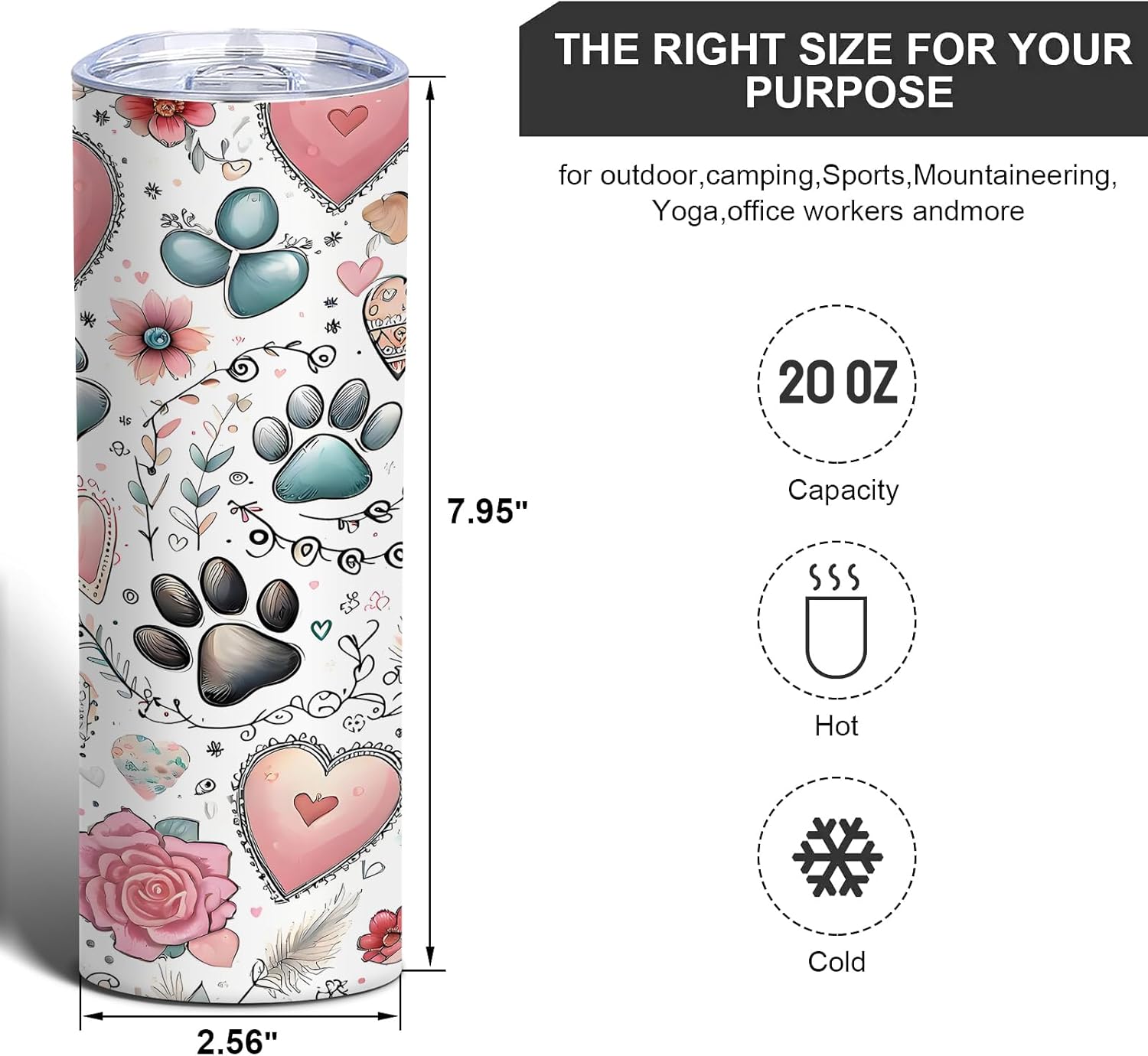 Boho Dog Paw Skinny Tumbler, 20oz Floral Heart Coffee Cup for Pet Owners, Insulated Stainless Steel Travel Mug, Cute Tumbler Gift for Dog Lovers & Friends