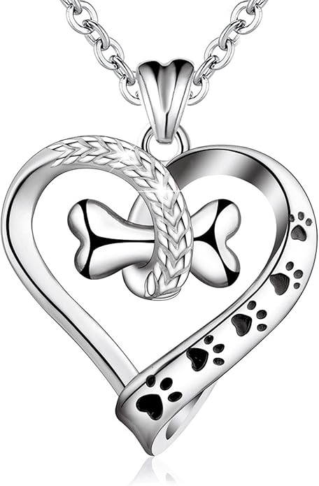 EUDORA 925 Sterling Silver Necklace Cute Dog Paws with Bone, Heart Shape Pendant 18", Gift for Dog Owner