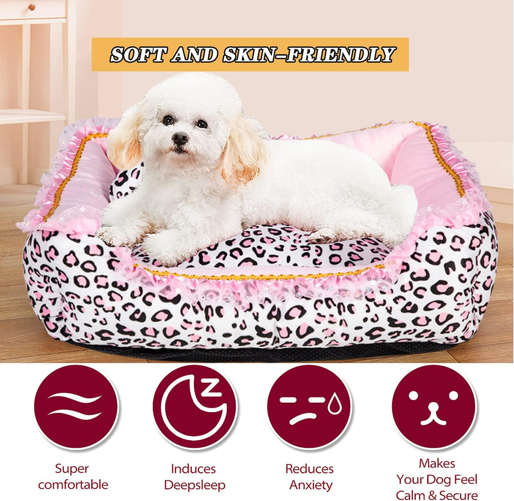 Gigreinc Dog Bed for Small Dogs - Cute Pink Leopard Dog Bed,Cat Beds for Indoor Cats Washable - Square Shape Cat Dog Sofa Bed Pet House Nest Cave(M, 20.8"L x 18"W x 5.5"）