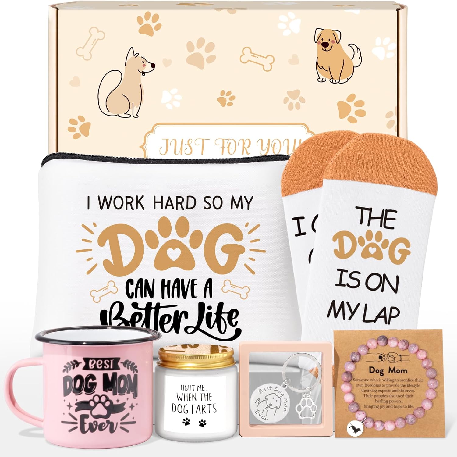 Dog Mom Gifts For Women, Best Dog Lovers Gifts, Mothers Day Birthday Christmas Gift for Dogs Lovers Owners Mom Daughter, Dogs Themed Gift with 12oz Enamel Coffee Mug Makeup Bag Candle Bracelets Socks
