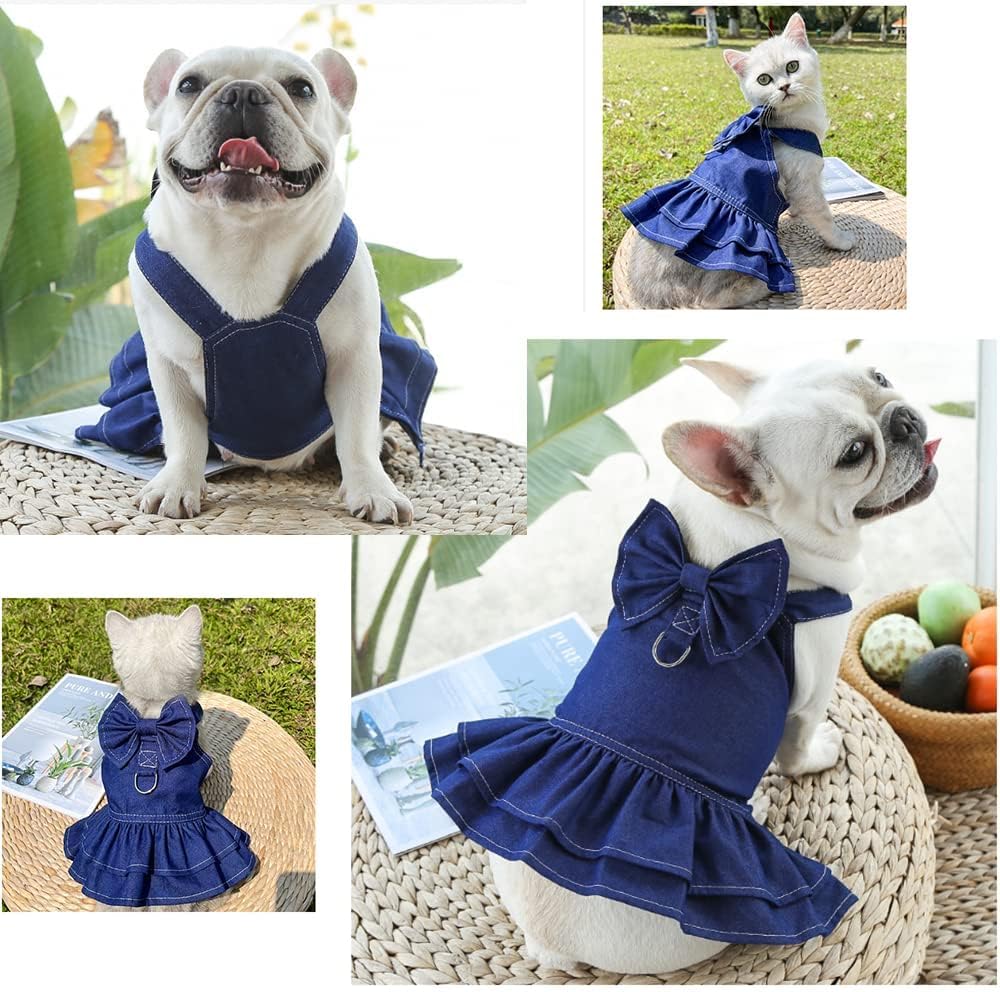Denim Dog Dresses for Small Dogs Puppy Girl Clothes with Leash Ring and Cute Bow Knot Summer Cat Apparel with D-Ring Blue Girl Dog Clothes (Dark Blue, X-Small)