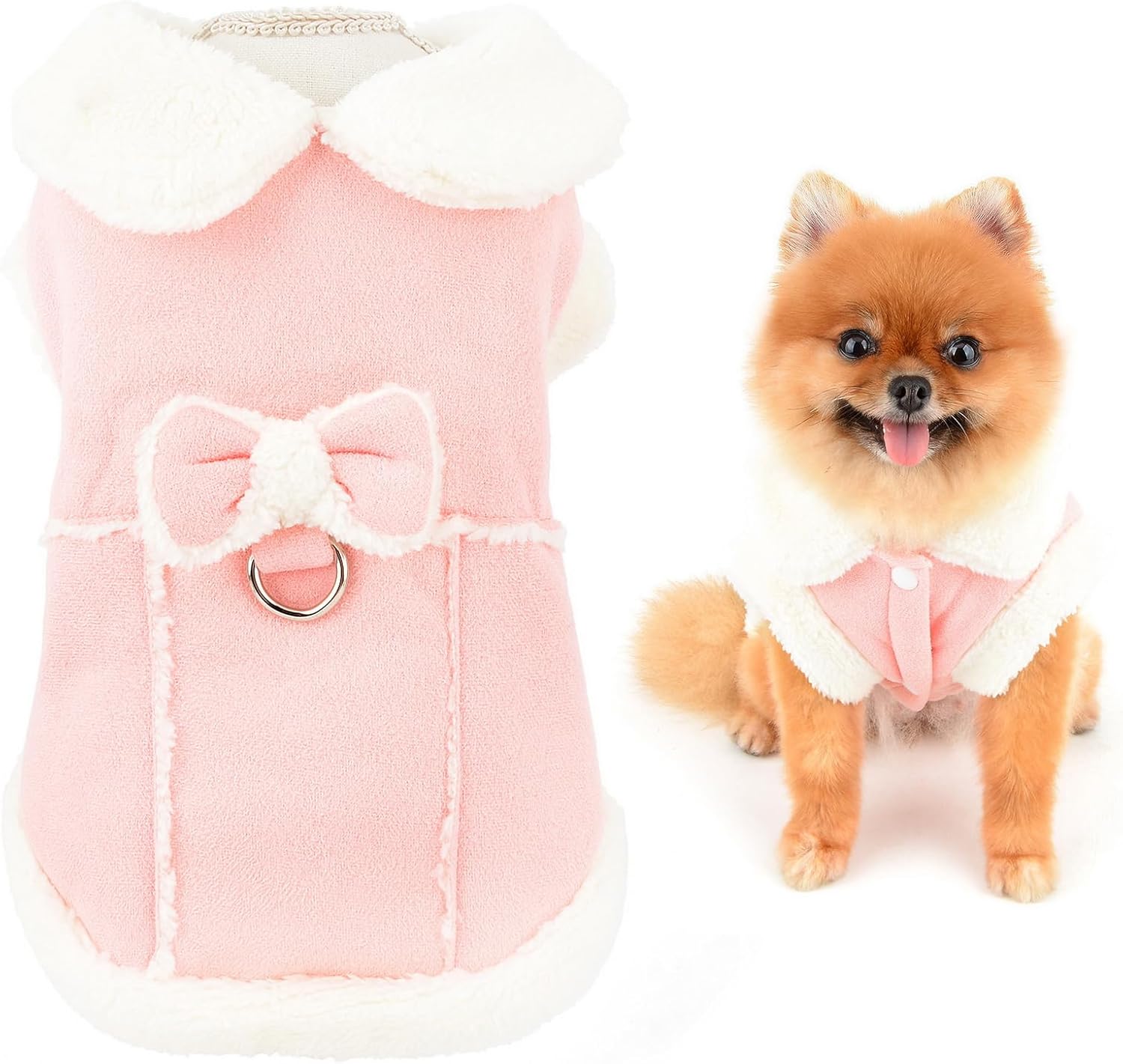 SMALLLEE_LUCKY_STORE Fleece Dog Coat for Small Dog Pet Harness Jacket with Bow and D-Ring, Soft Vest Fall Winter Clothes with Fuzzy Collar Chihuahua Yorkie Cat