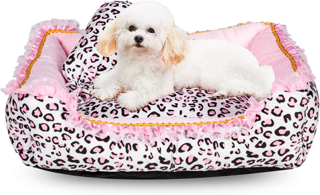 Gigreinc Dog Bed for Small Dogs - Cute Pink Leopard Dog Bed,Cat Beds for Indoor Cats Washable - Square Shape Cat Dog Sofa Bed Pet House Nest Cave(M, 20.8"L x 18"W x 5.5"）