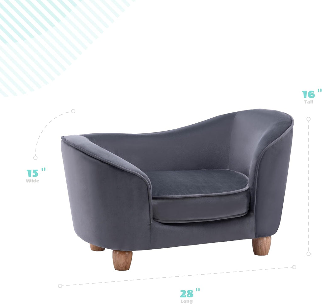 CRITTER SITTERS 28-in. Faux-Velvet Gray Dog Bed for Small-Sized Dogs and Cats, Elegant Oval Dog Couch, Grey