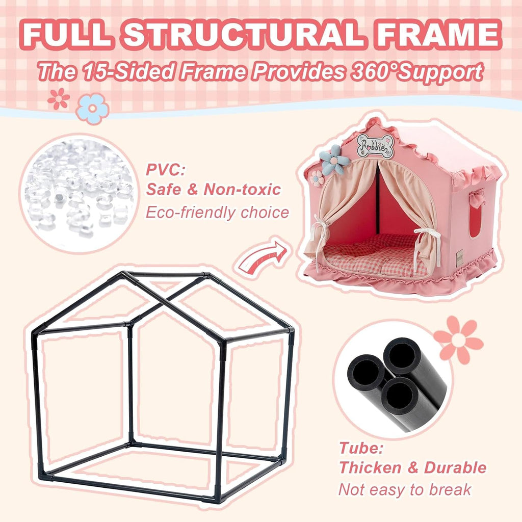 Jiupety Indoor Dog House with Frame, Cute Dog Tent Bed with Cover Cave, Breathable, Washable, and Foldable House, Suitable for 10-20 Lb Puppy and Cats, Medium (17"×17"×17"), Pink