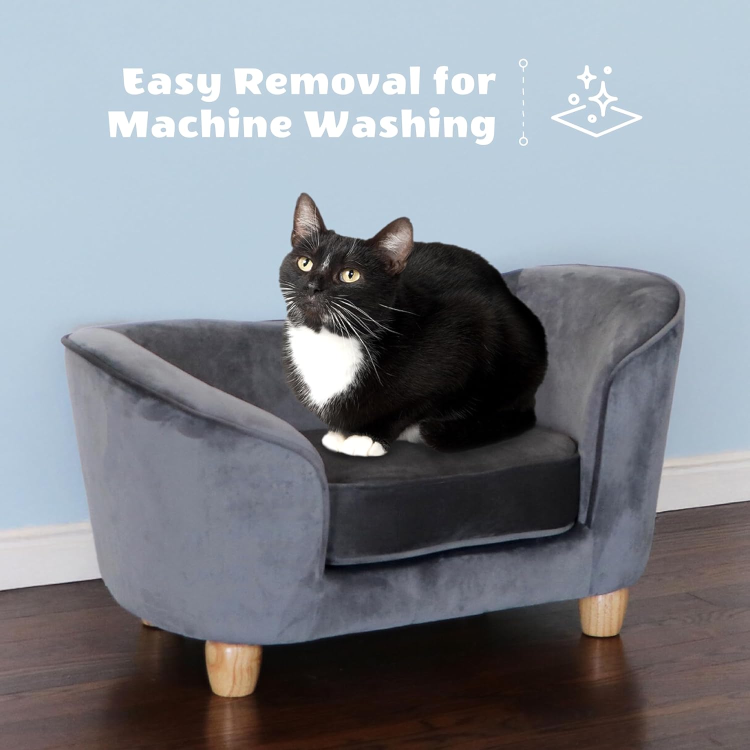 CRITTER SITTERS 28-in. Faux-Velvet Gray Dog Bed for Small-Sized Dogs and Cats, Elegant Oval Dog Couch, Grey