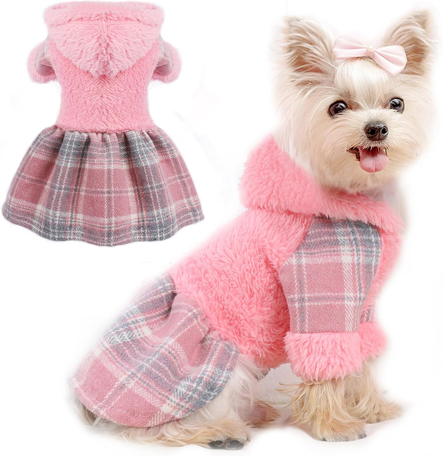 Dog Sweaters for Small Dogs Girl Pink Puppy Hoodie Sweater Winter Pet Dress Clothes Cold Weather Pet Coat Plaid Doggy Skirt Outfit Apparel Warm Puppy Clothing