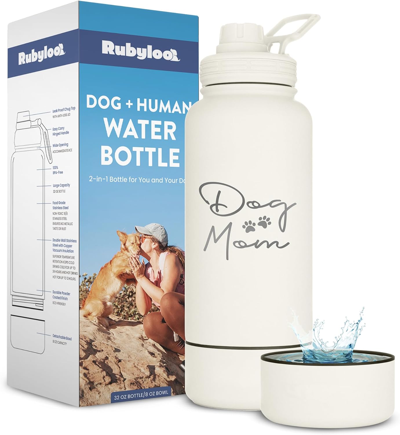 Dog Mom Water Bottle - 32 oz Stainless Steel Double Wall Insulated with 8 oz Detachable Bowl on Bottom - Cool Dog Mom Gifts for Women for Hiking, Walking, Travel and Everyday Adventures - DM Cream
