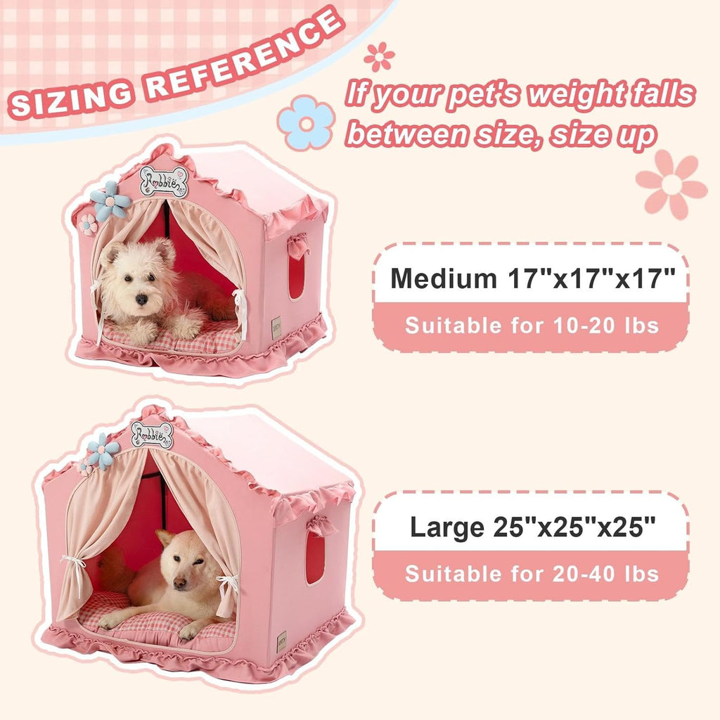 Jiupety Indoor Dog House with Frame, Cute Dog Tent Bed with Cover Cave, Breathable, Washable, and Foldable House, Suitable for 10-20 Lb Puppy and Cats, Medium (17"×17"×17"), Pink
