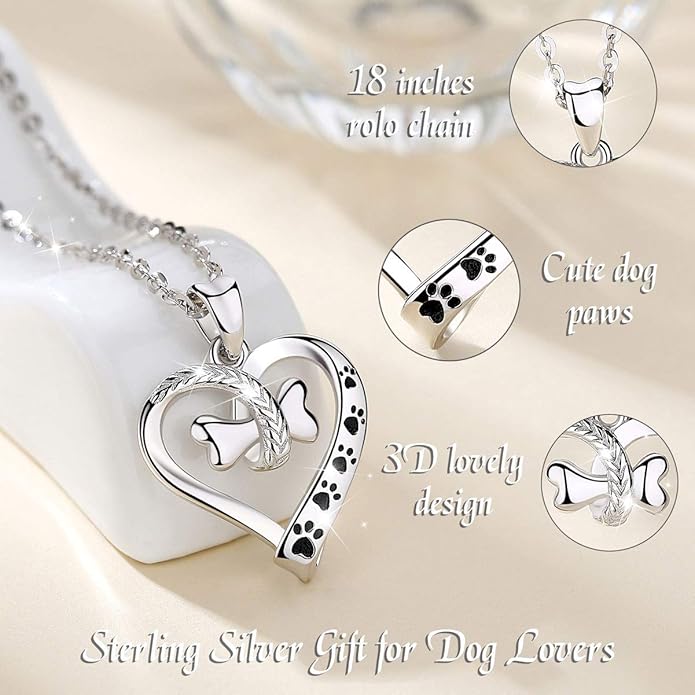 EUDORA 925 Sterling Silver Necklace Cute Dog Paws with Bone, Heart Shape Pendant 18", Gift for Dog Owner