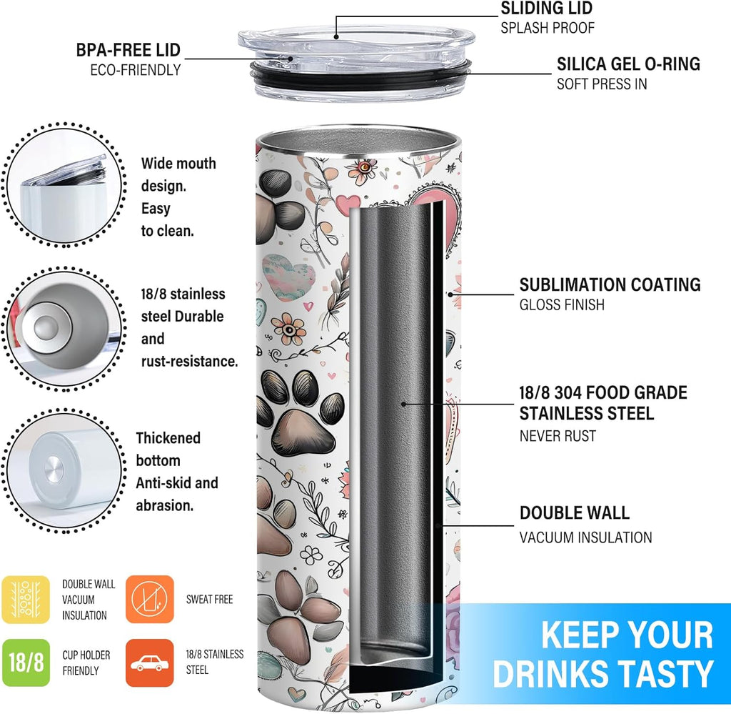 Boho Dog Paw Skinny Tumbler, 20oz Floral Heart Coffee Cup for Pet Owners, Insulated Stainless Steel Travel Mug, Cute Tumbler Gift for Dog Lovers & Friends