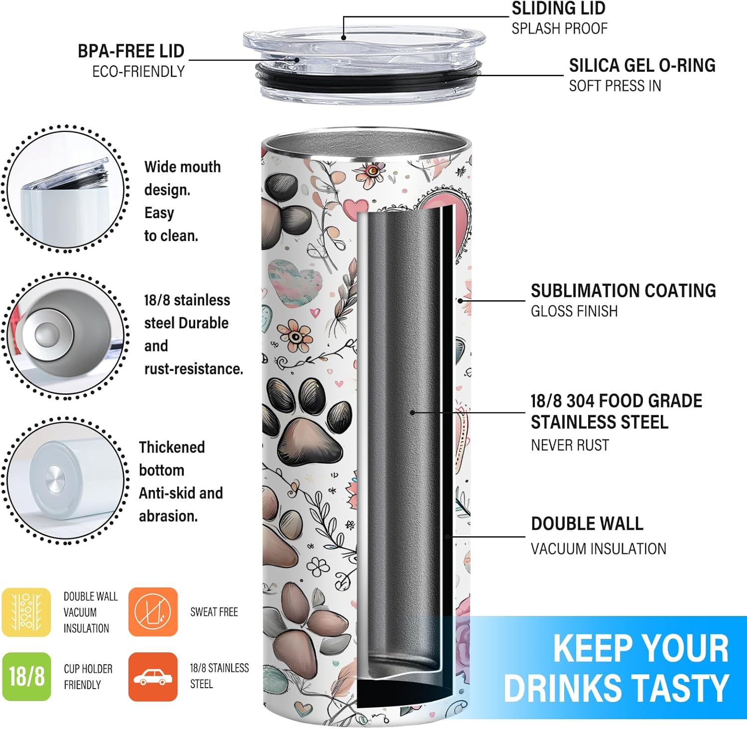 Boho Dog Paw Skinny Tumbler, 20oz Floral Heart Coffee Cup for Pet Owners, Insulated Stainless Steel Travel Mug, Cute Tumbler Gift for Dog Lovers & Friends