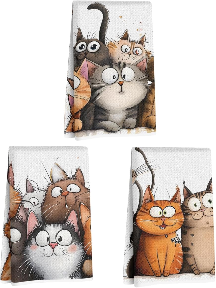 3 Pcs Cute Cat Kitchen Towels, Cats Soft Absorbent Hand Tea Towel, Microfiber Dish Cloths for Drying Dishes, Waffle Dish Towels for Kitchen Home Bathroom Decor, Cat Lover Gifts for Women Mom