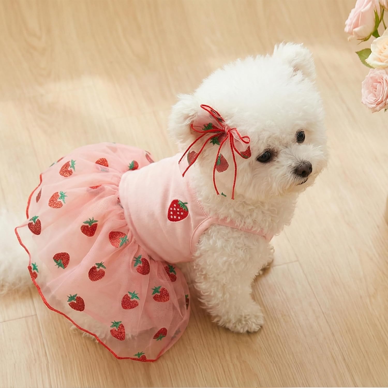 Cute Dog Dress Clothes for Small Dogs Girl with Strawberry Embroidery Soft Princess Puppy Small Cat Dog Clothes Outfit for Chihuahua Yorkie Daily Wear & Party