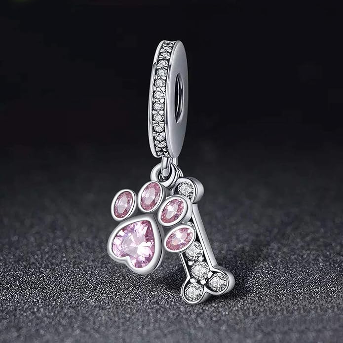 Dog Paw Charm for Charms Bracelet Pink Crystals Paved Dangle Charms Birthday Jewelry Gifts for women