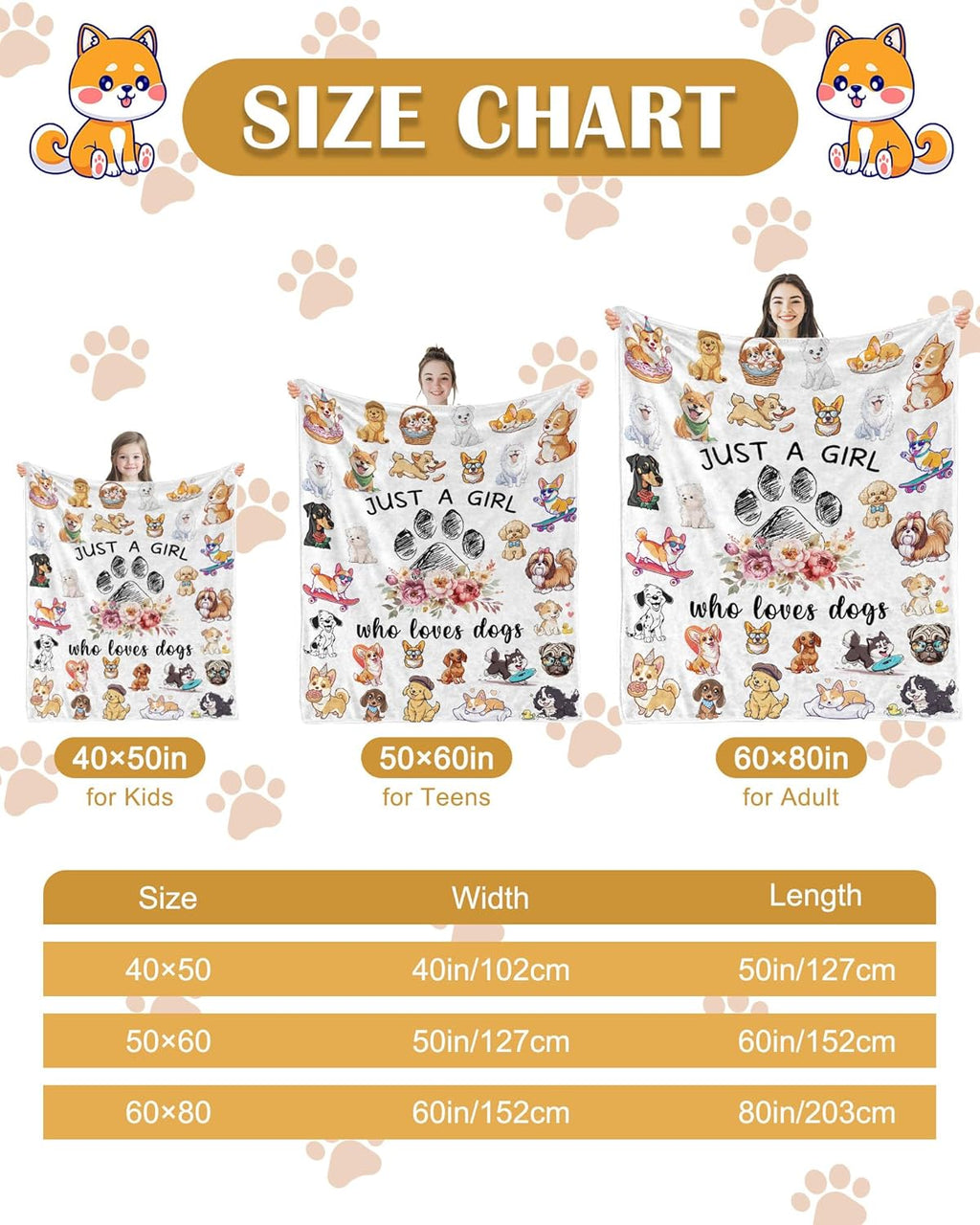 Dog Lovers Gifts for Women, Just A Girl Who Loves Dogs, Blanket with Dogs On It, Dog Lover Blankets for Girls, Puppys Gifts for Women Girl Kids, Puppys Theme Blanket 40" x 50"