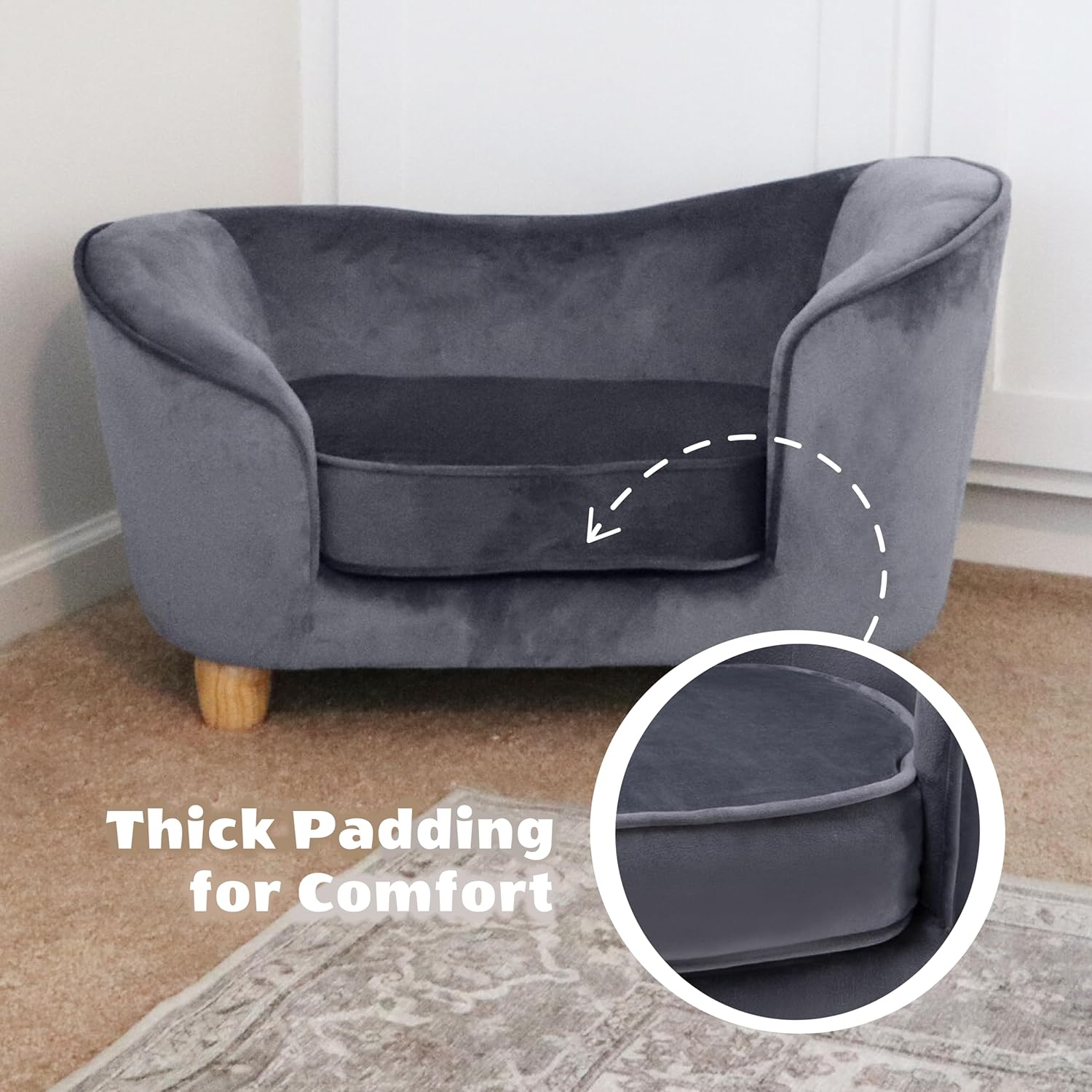 CRITTER SITTERS 28-in. Faux-Velvet Gray Dog Bed for Small-Sized Dogs and Cats, Elegant Oval Dog Couch, Grey