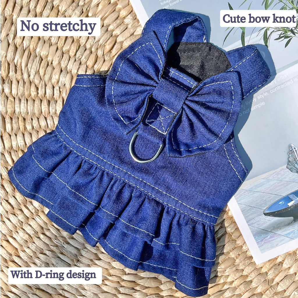 Denim Dog Dresses for Small Dogs Puppy Girl Clothes with Leash Ring and Cute Bow Knot Summer Cat Apparel with D-Ring Blue Girl Dog Clothes (Dark Blue, X-Small)