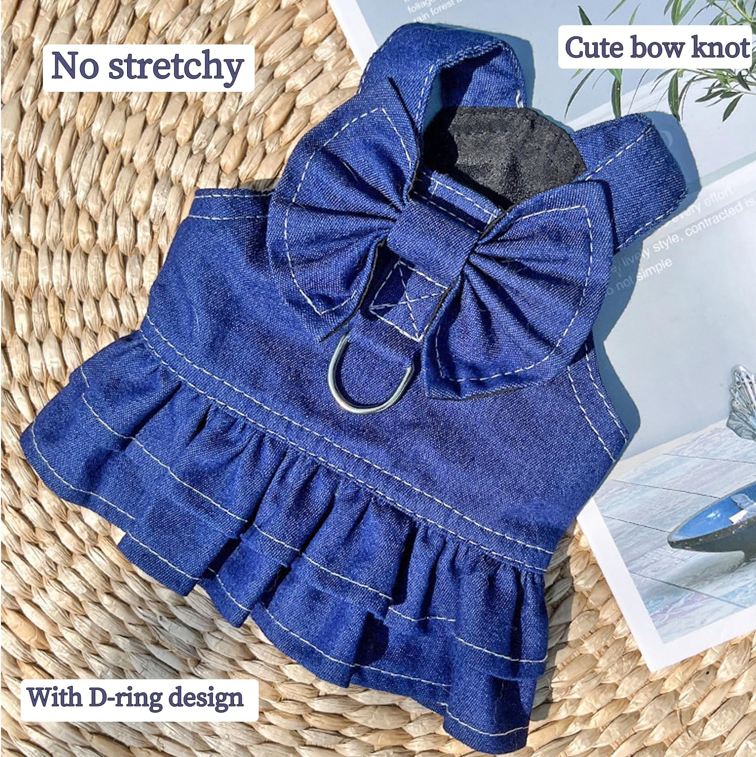 Denim Dog Dresses for Small Dogs Puppy Girl Clothes with Leash Ring and Cute Bow Knot Summer Cat Apparel with D-Ring Blue Girl Dog Clothes (Dark Blue, X-Small)