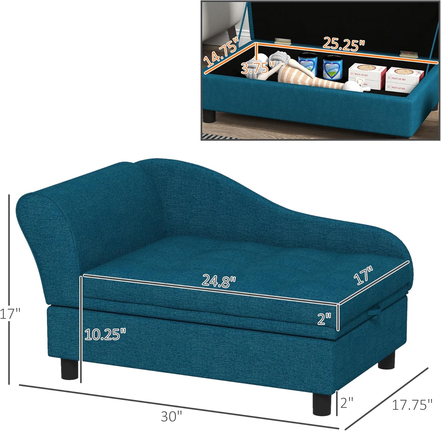 PawHut Pet Sofa, Dog Couch, Elevated Pet Bed for Small Dogs, with Hidden Storage, Soft Tufted Cushion, Dark Blue