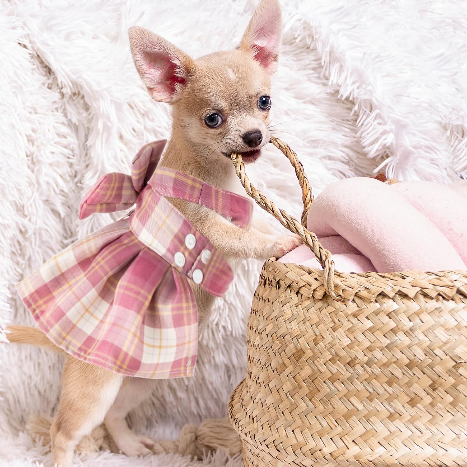 4 Pcs Cute Plaid Dog Dress Set with Bow Tie Harness & Leash for Small Dogs, Puppy Clothes for Girls Outfits(L,Dark Color)